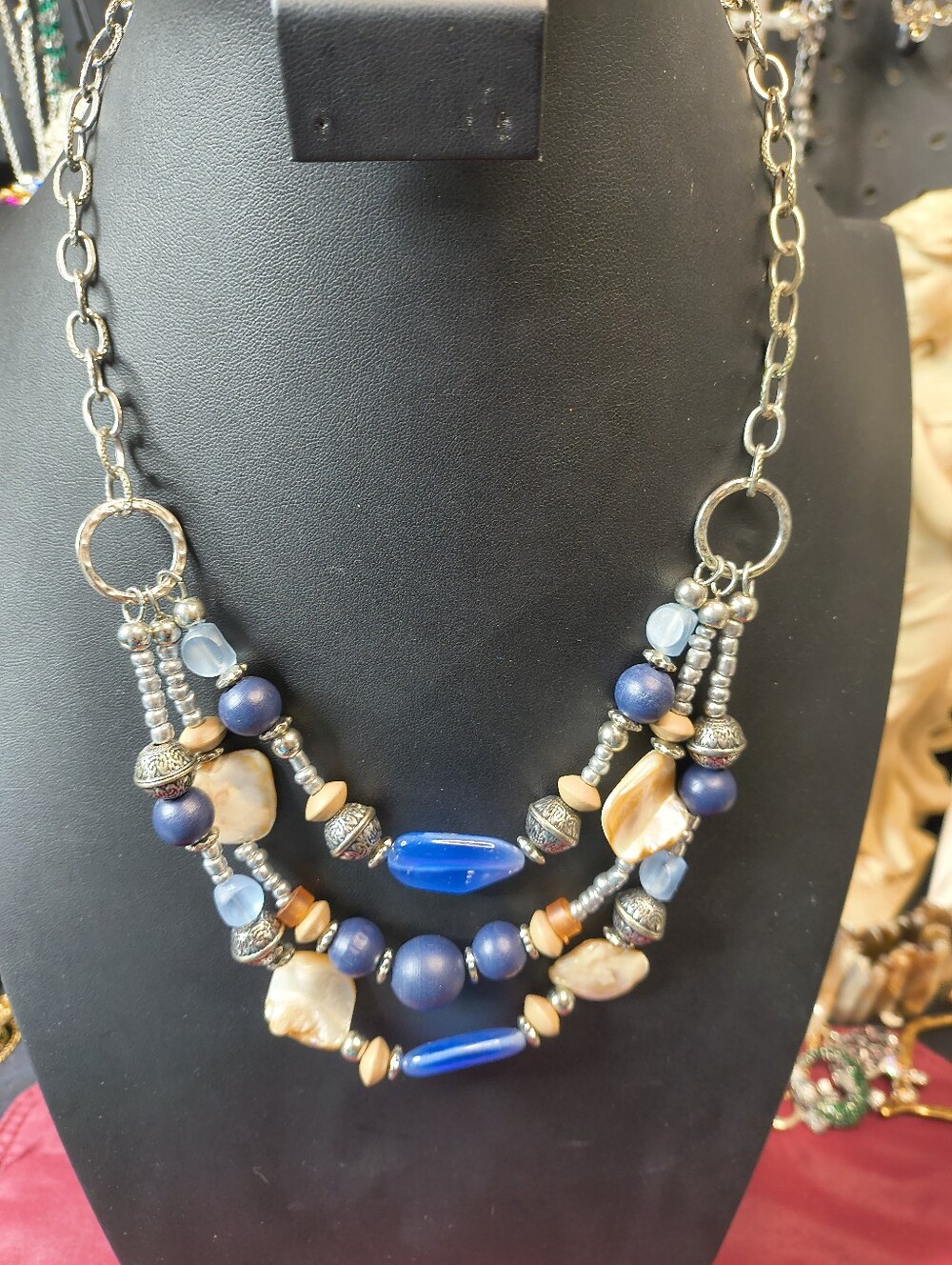 Chico's Vintage Blue Cat Eye Glass Shell Multi Strand Statement Necklace
